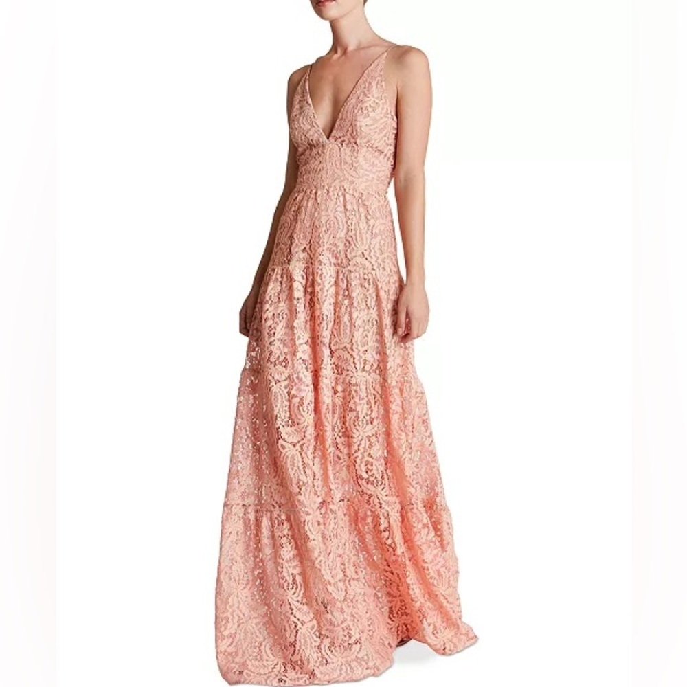 Dress the Population Melina Lace Maxi Dress Size Small Sleeveless V Neck Pink